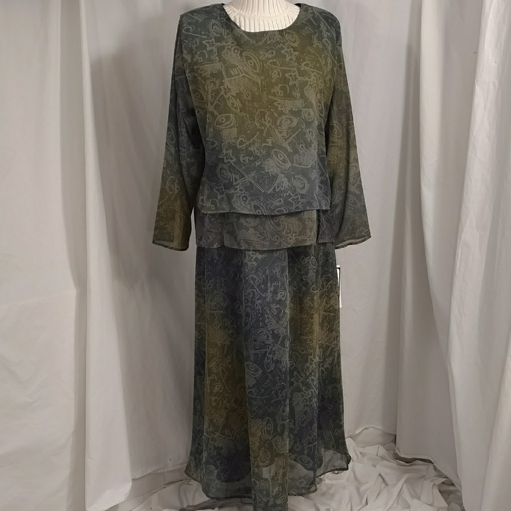 USA Made Artsy Tribal Native Print Chiffon Dress Skirt Set Lg/XL NWT Hi Quality
